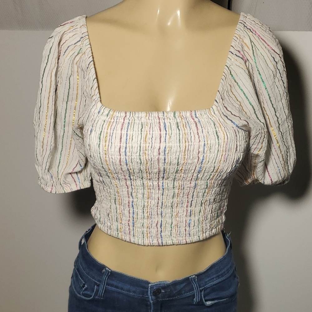 & OTHER STORIES Women's Smocked Puff Sleeve Blouse Multicolor Striped SZ 6